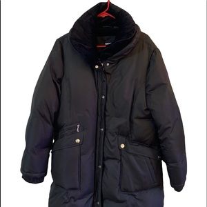 DKNY long black down winter coat with black fleece collar. Size XL.